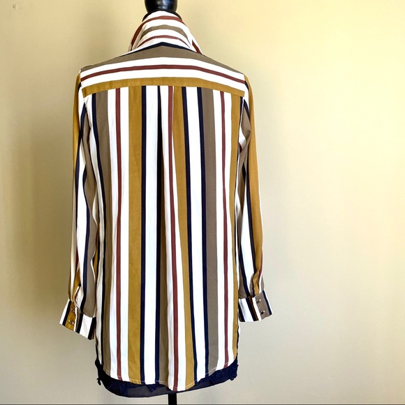 Green Olive White Stripe Long Button-down Blouse 6 - Picture 13 of 16